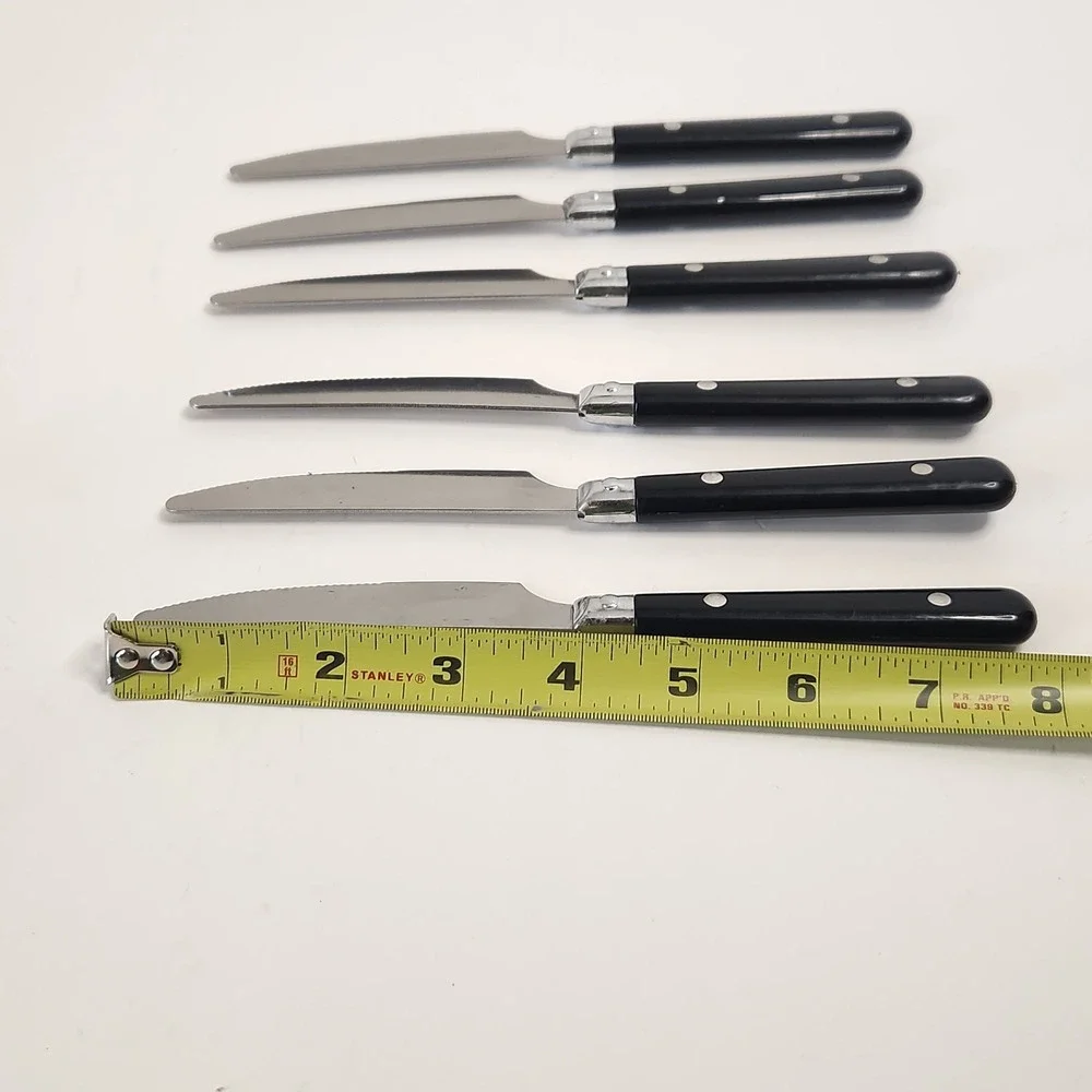 6 Vtg Black Plastic Handle 2-Rivet Stainless Steel Serrated Steak Dinner Knives